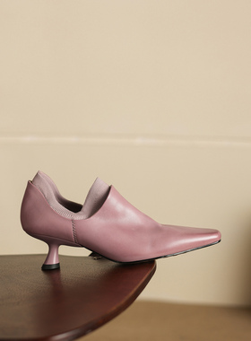 Ls' rommors 时尚精致 欧美复古松紧带拼接v口单鞋马皮猫跟小皮鞋