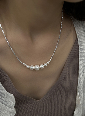 Wangru往如2024新款碎银珍珠项链女款纯银轻奢小众配饰送闺蜜礼物