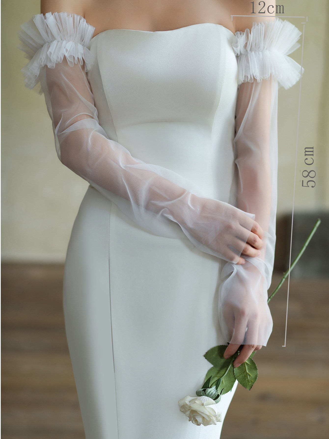 超仙薄纱褶皱边无指婚纱手套 米白色网长款新娘礼服晚宴遮肉套袖