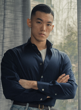 FABRIC SHOP 140支纯棉 一字领 正装 丝光藏蓝衬衫 非现货