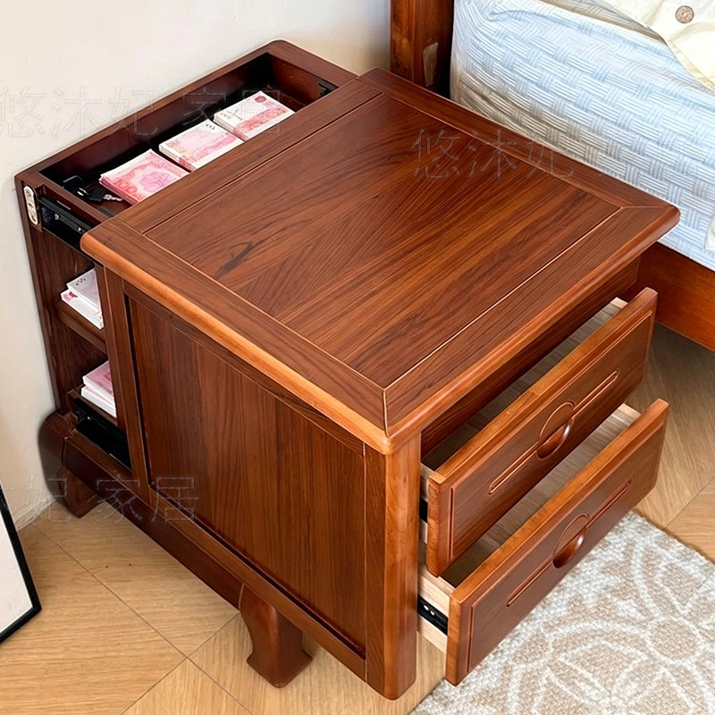 All-solid wood double hidden compartment design bedside cabinet, home use black gold Chinese-style bedroom multifunctional storage hidden compartment cabinet