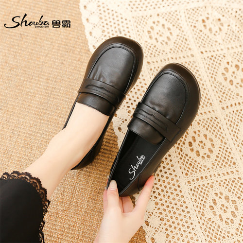 兽霸粗跟妈妈鞋春秋款舒适乐福鞋中年软皮休闲皮鞋防滑通勤单鞋女