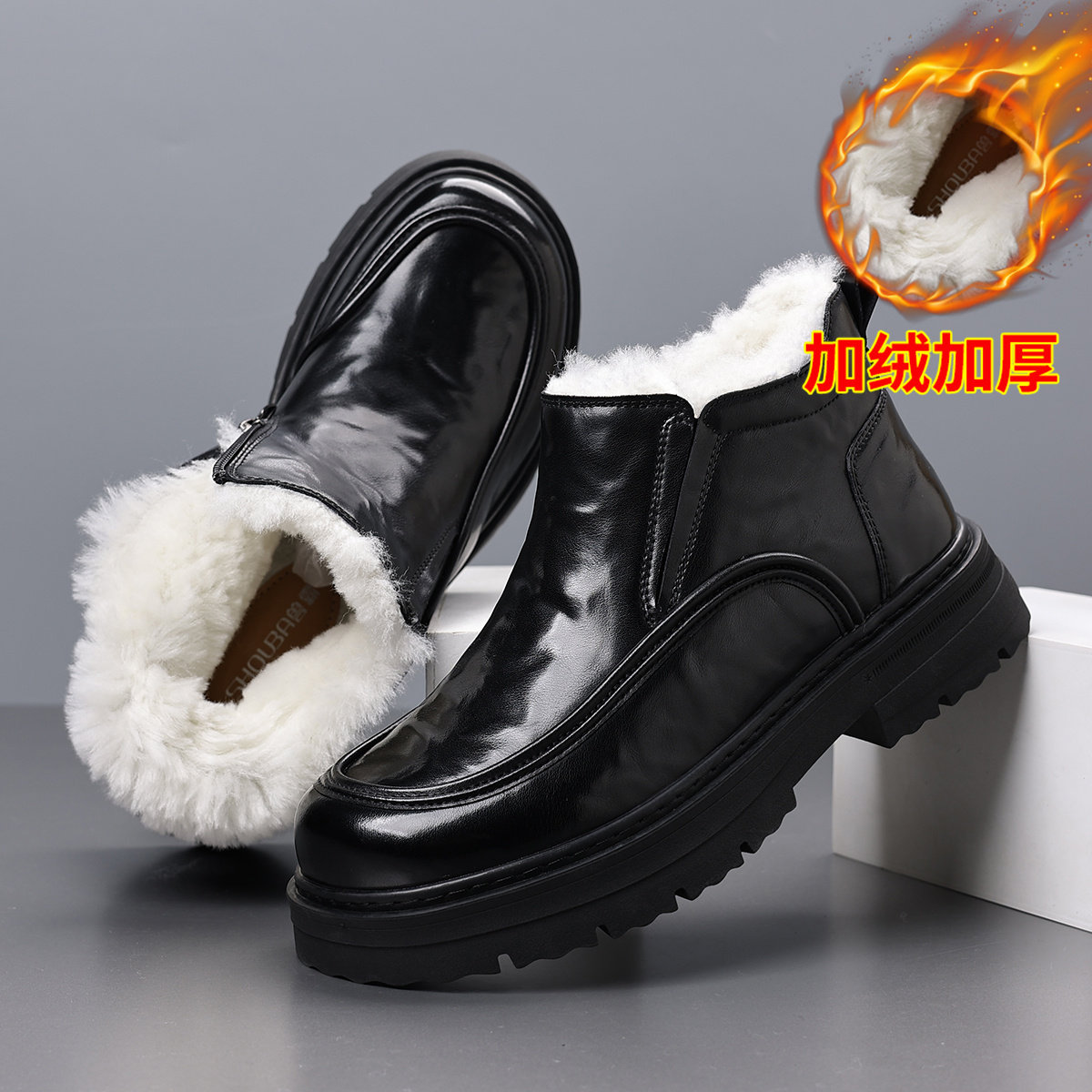 兽霸男鞋冬季新款加绒加厚保暖棉鞋高帮厚底雪地靴马丁靴休闲男靴