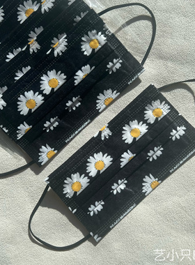 权志龙同款黑菊印花口罩韩国黑色花一次性透气成人高颜显白平面罩