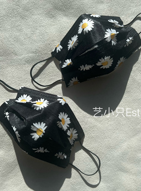 权志龙同款黑色小雏菊口罩韩国印花一次性透气成人高颜显白平面罩