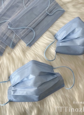 纯雾霾蓝色口罩浅蓝复古色高级感小众颜值一次性透气成人三层哑光