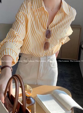 TheLemon柠檬绿茶纯棉竖条纹长袖衬衫女2022春夏新款宽松显瘦上衣
