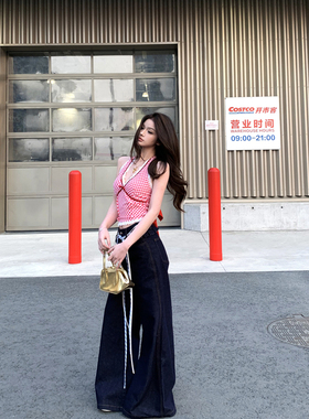 美式复古气质深蓝色牛仔裤女设计感洗水直筒宽松阔腿拖地休闲长裤