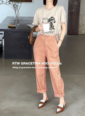 GRACETINA HOO简约时尚收脚牛仔裤2022年夏季立体裁剪水洗直筒裤