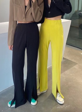 摩登197 高腰微喇叭开叉长裤女秋季新款韩版修身显瘦垂坠感拖地裤