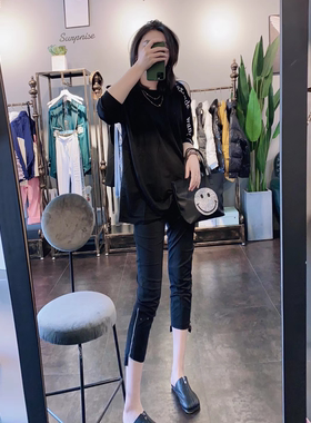 速干纸皮裤女夏新款宽松显瘦高腰铅笔裤侧拉链薄面膜九分打底裤子