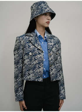 新品！平驳领蓝色提花显瘦提气短外套夹克 BOA ON ARTS原创品牌