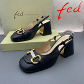 正品 fed 艾芙伊迪撤柜羊皮女鞋 34码 粗跟高跟扣带圆头包头后空凉鞋