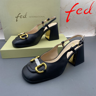 34码正品fed/艾芙伊迪撤柜羊皮女鞋粗跟高跟扣带圆头包头后空凉鞋