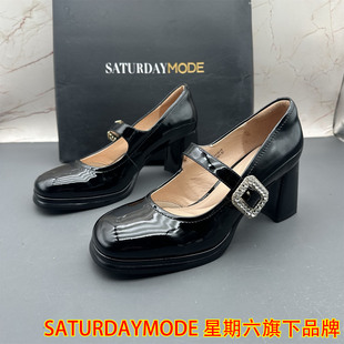 39码SATURDAYMODE断码撤柜牛皮女鞋高跟粗跟扣带水钻圆头玛丽珍鞋