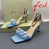 正品 珍珠细跟高跟中空露趾扣带凉鞋 fed 艾芙伊迪撤柜羊皮处理女鞋