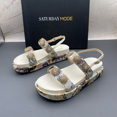 正品SATURDAYMODE断码撤柜真皮女鞋平底防滑圆头系带时尚气质凉鞋