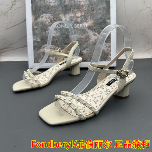 Fondberyl/菲伯丽尔撤柜断码羊皮女鞋粗跟高跟扣带露趾碎花凉鞋
