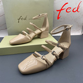 正品 粗跟中跟包头扣带中空性感凉鞋 fed 艾芙伊迪撤柜处理牛皮女鞋