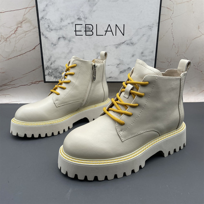EBLAN/伊伴撤柜断码处理牛皮女鞋侧拉链系带圆头平底时尚防滑短靴