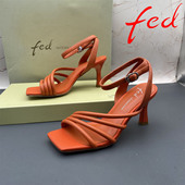 正品 扣带露趾中空高跟细跟气质凉鞋 fed 艾芙伊迪撤柜羊皮处理女鞋
