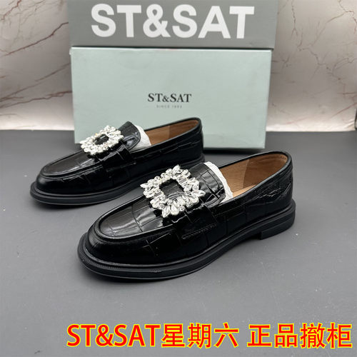 35码ST&SAT星期六撤柜断码牛皮女鞋水钻圆头优雅防滑平跟乐福鞋