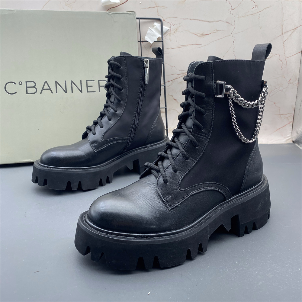 C.BANNER千百度撤柜牛皮女鞋平跟防滑圆头系带侧拉链痞帅马丁靴