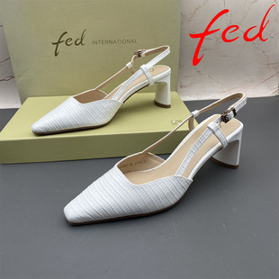 34码正品fed/艾芙伊迪撤柜羊皮断码女鞋高跟粗跟包头后空扣带凉鞋