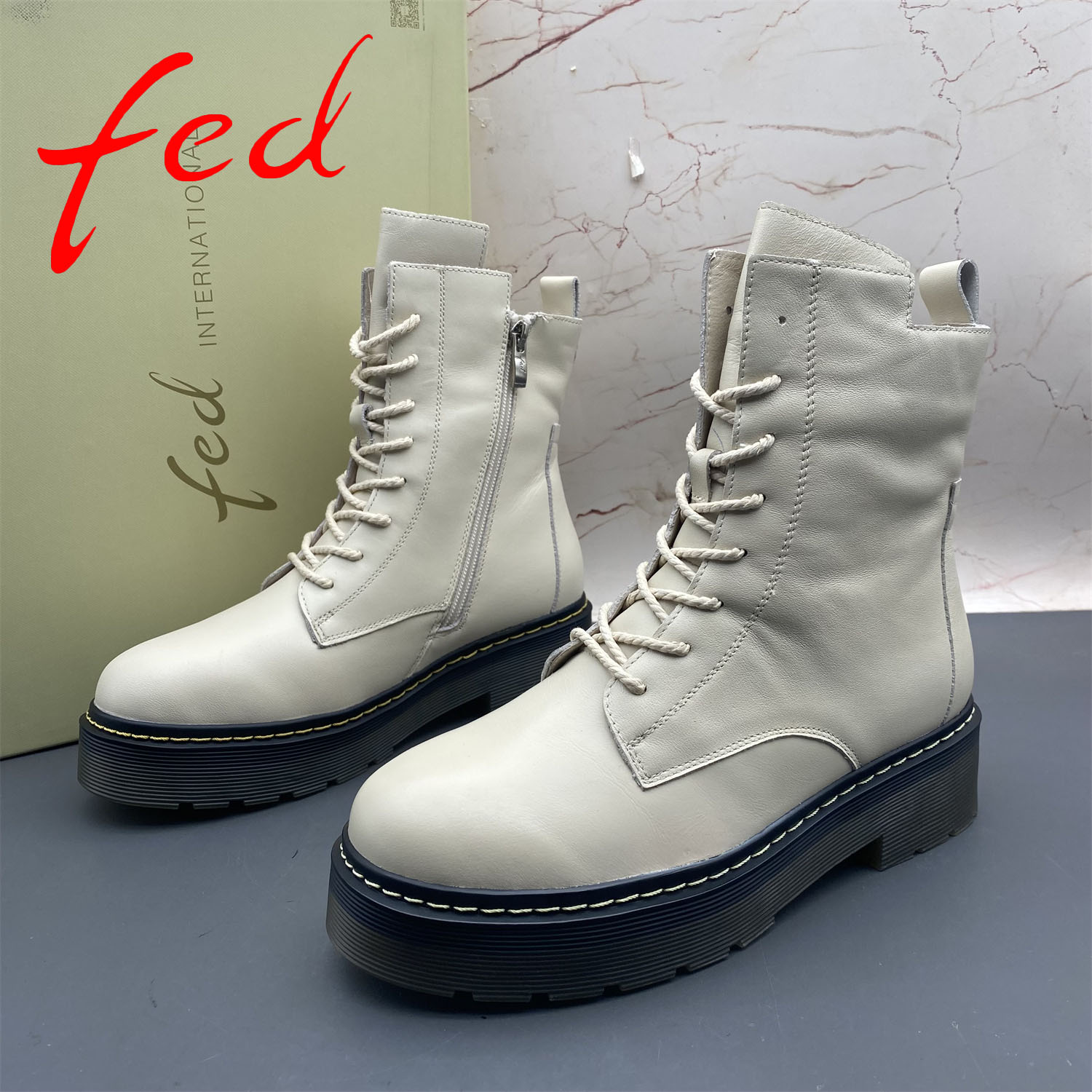 正品fed/艾芙伊迪撤柜断码牛皮女鞋羊毛加绒棉鞋侧拉链平跟短靴