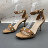 撤柜处理女鞋 新款 高跟细跟铆钉露趾中空扣带时尚 羊皮真皮断码 凉鞋