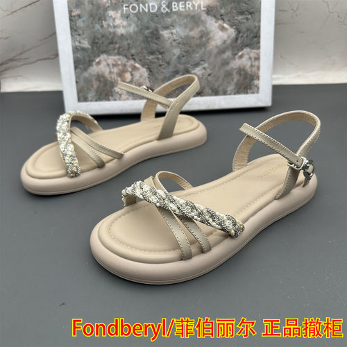 36码Fondberyl/菲伯丽尔撤柜断码羊皮女鞋扣带中空露趾时尚凉鞋