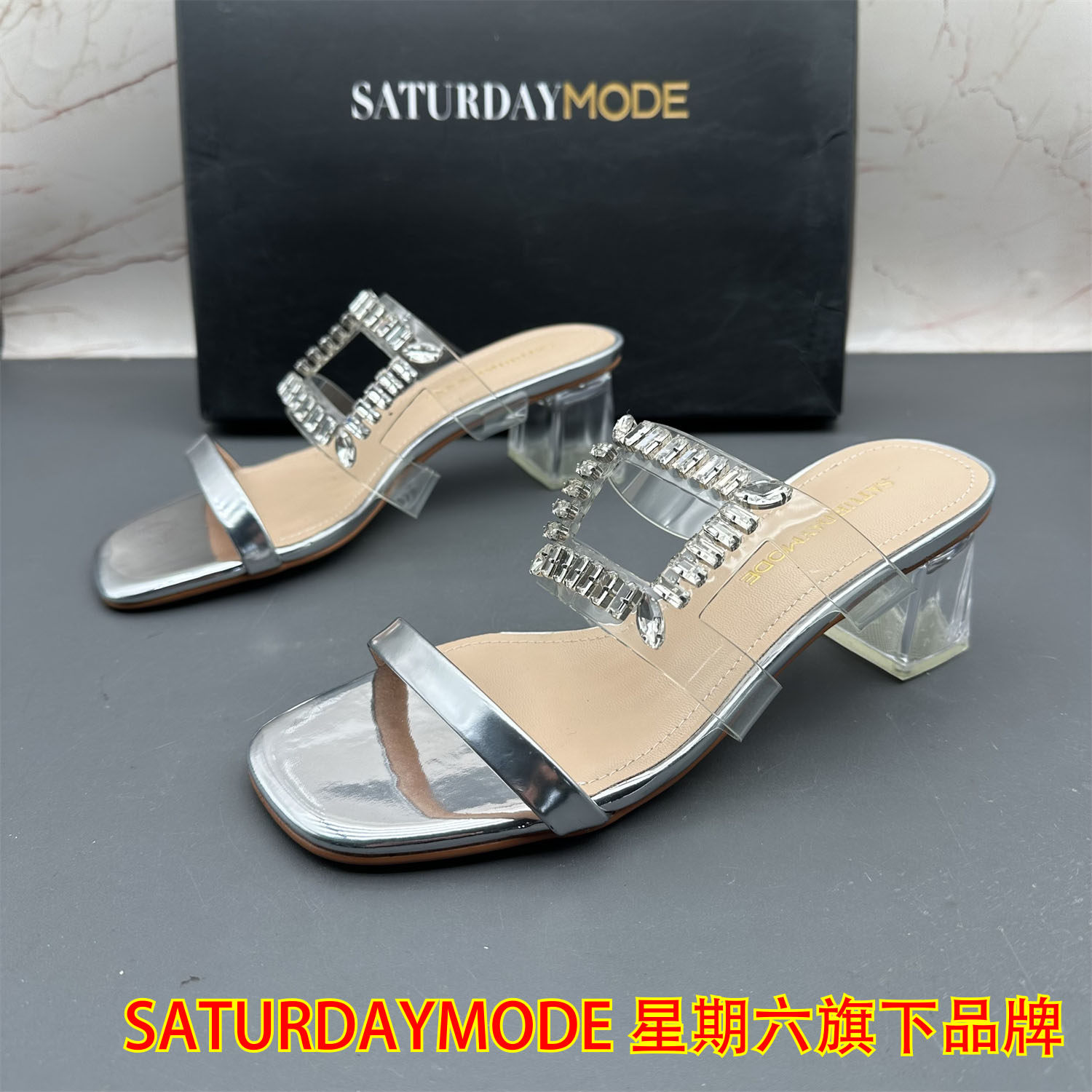 正品SATURDAYMODE断码撤柜牛皮女鞋水钻水晶跟高跟粗跟时尚凉拖鞋,女鞋,其他拖鞋,淘宝优惠券,粉丝福利购,淘宝优惠卷