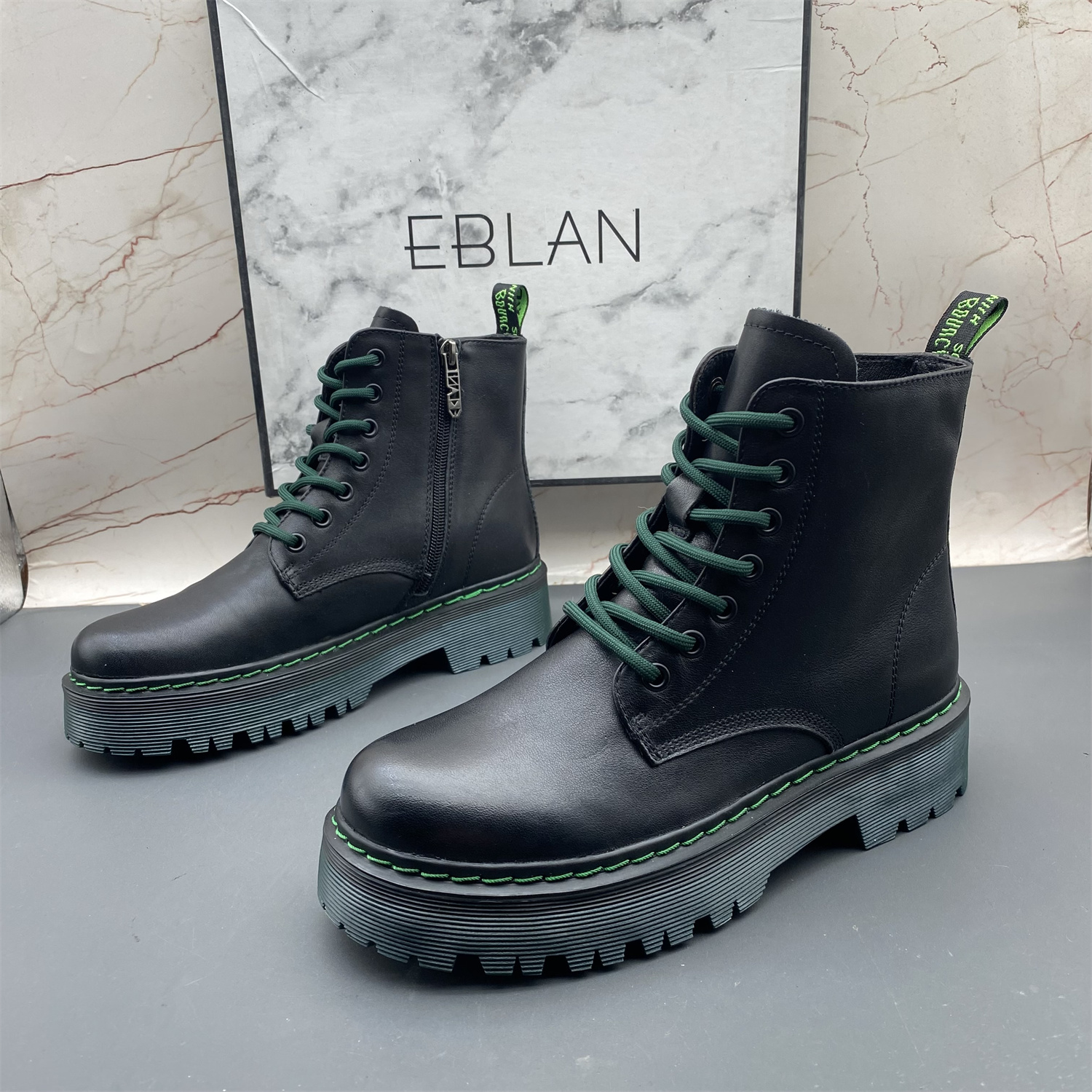 39码EBLAN/伊伴撤柜断码处理牛皮女鞋系带侧拉链平底防滑马丁靴