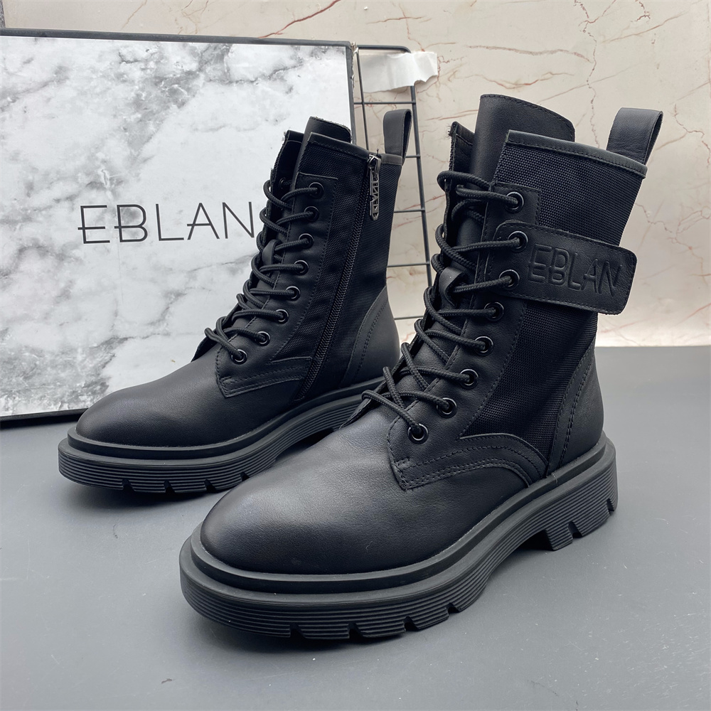 EBLAN/伊伴正品撤柜断码牛皮女鞋圆头平底系带侧拉链防滑马丁靴