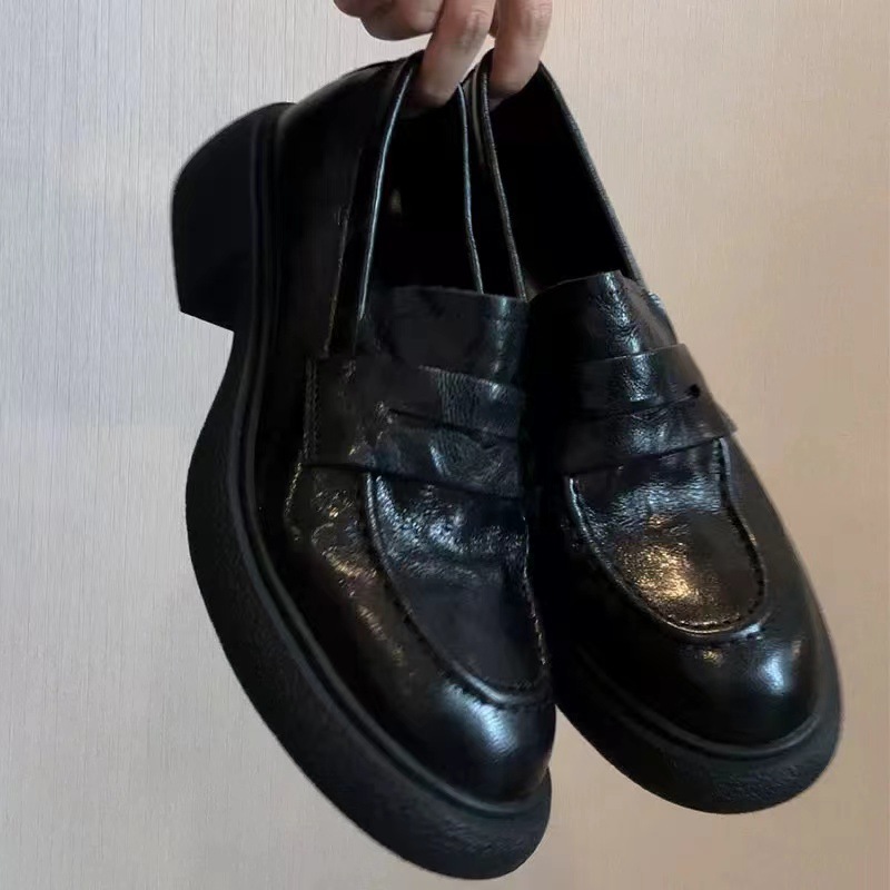 水洗牛皮~复古真皮厚底小皮鞋女圆头粗跟单鞋英伦风一脚蹬乐福鞋