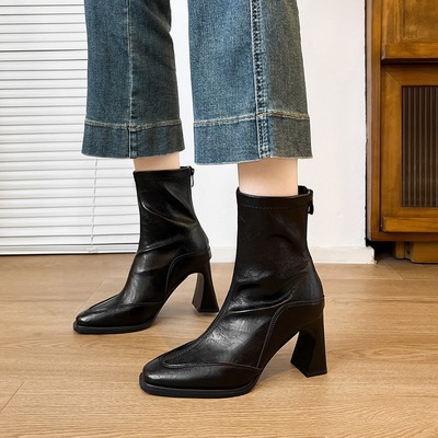 真皮2025秋冬法式复古瘦瘦靴短靴
