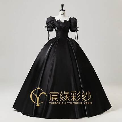 宸缘黑色缎面高级感年会艺考声乐独唱主持成人礼走秀晚礼服