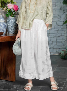 夏新款丝滑缎面阔腿裤洋气女士外穿提花 显瘦九分裤