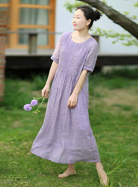 2021无袖夏季新款烟紫色轻薄苎麻压绉连衣裙飘逸双层不透中袖休闲