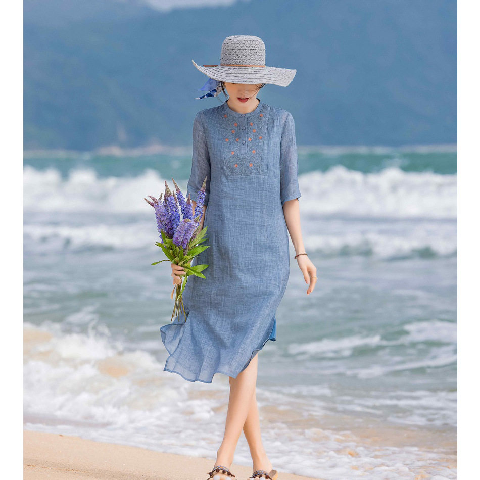 2023夏季新款棉麻女装复古刺绣苎麻文艺连衣裙长款短袖轻纯色旗袍
