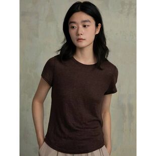 夏季百搭短袖新款纯色上衣咖色正肩枝汉麻蓝夏女百搭时尚休闲t恤