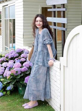 B0423衬衫苎麻上衣 两件套款春夏长裙吊带连衣裙印花2026