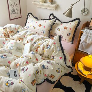 卡通猫咪水洗双层纱被套花边床上四件套少女心床单床笠宿舍三件套