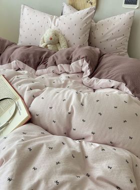 ins韩式紫色蝴蝶结双层纱床品水洗棉被套四件套床单笠宿舍三件套