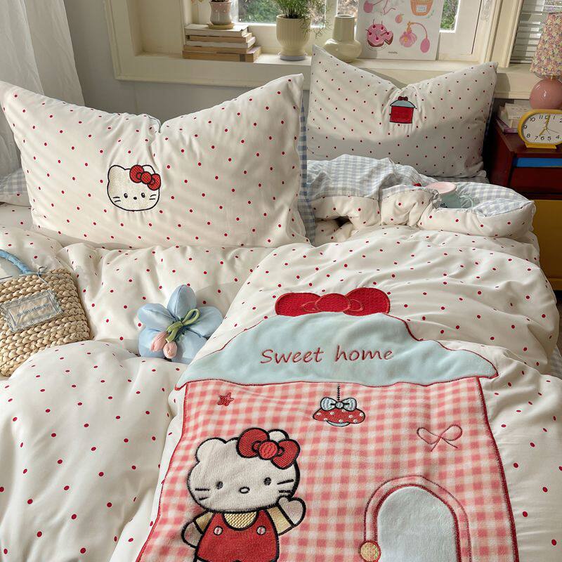 ins可爱猫咪少女心贴布绣水洗棉四件套简约床单人被套宿舍三件套