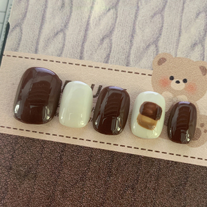 小众风高级感可爱棕巧克力拼色手绘作手工穿戴甲短款成品美甲贴片