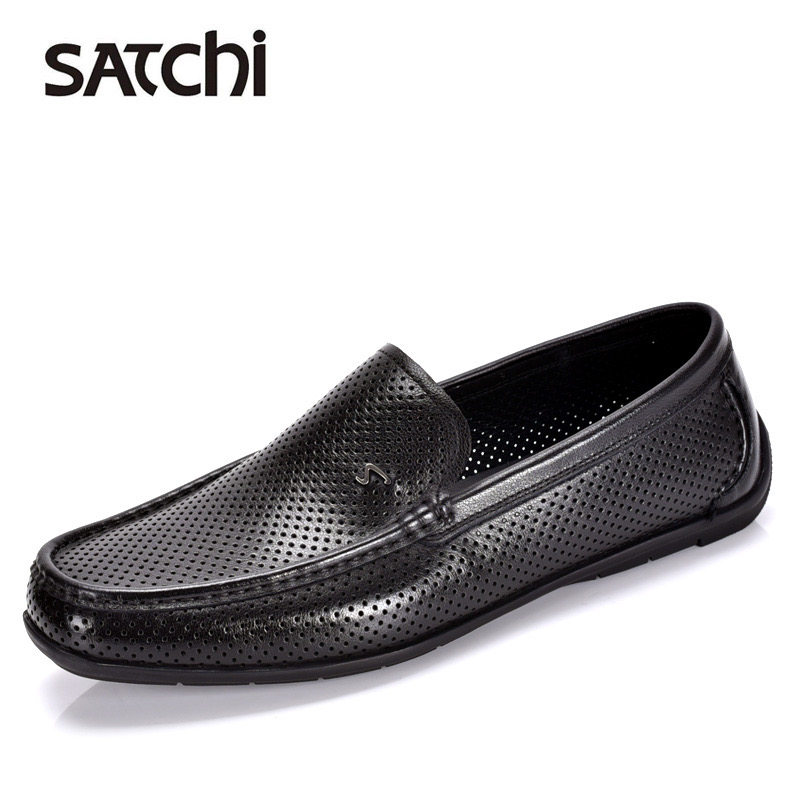 沙驰男鞋夏季镂空透气软底豆豆鞋真皮休闲一脚蹬乐福鞋舒适驾车鞋