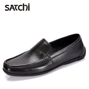 沙驰男鞋夏季镂空透气软底豆豆鞋真皮休闲一脚蹬乐福鞋舒适驾车鞋