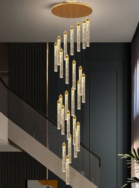 楼梯吊灯现代简约别墅中空挑高loft旋转楼梯水晶客厅复式楼长吊灯