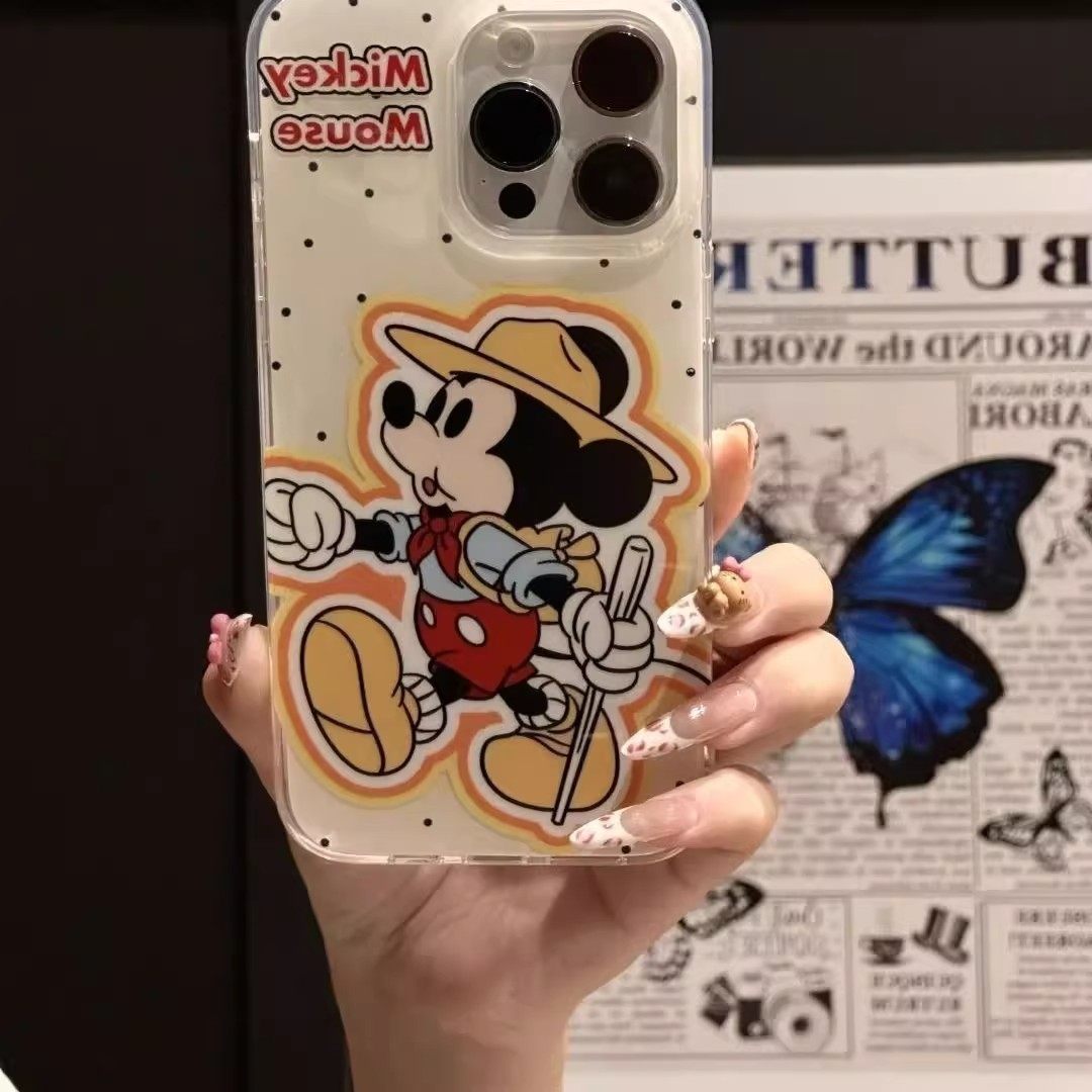 探险米奇适用苹果16promax手机壳15/14新款13女12简约11pro卡通X/XR挂件7/8plus网红6plus白色大孔透明